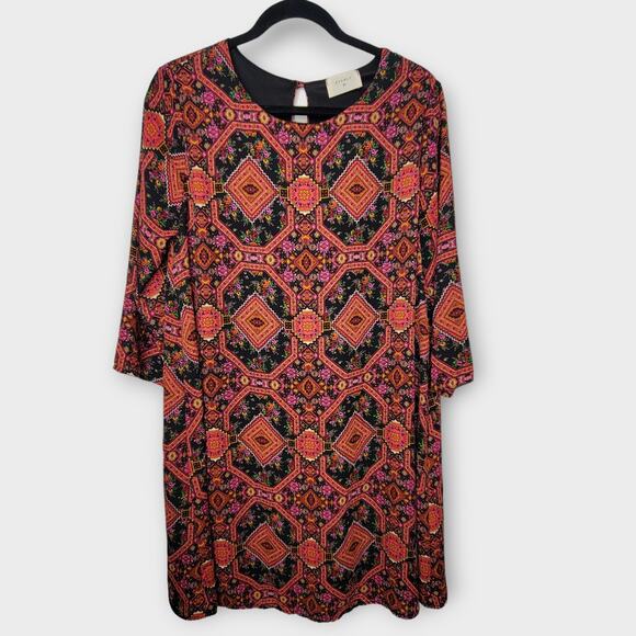 Everly Maroon Red Floral Shift Shift 3/4 Sleeve Mini Dress Women Sz L - Picture 1 of 9